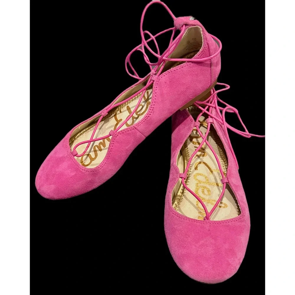 Sam Edelman Flynt Hot Pink Suede Lace Up Ballet Flats Womens 6M Fuchsia Ghillie